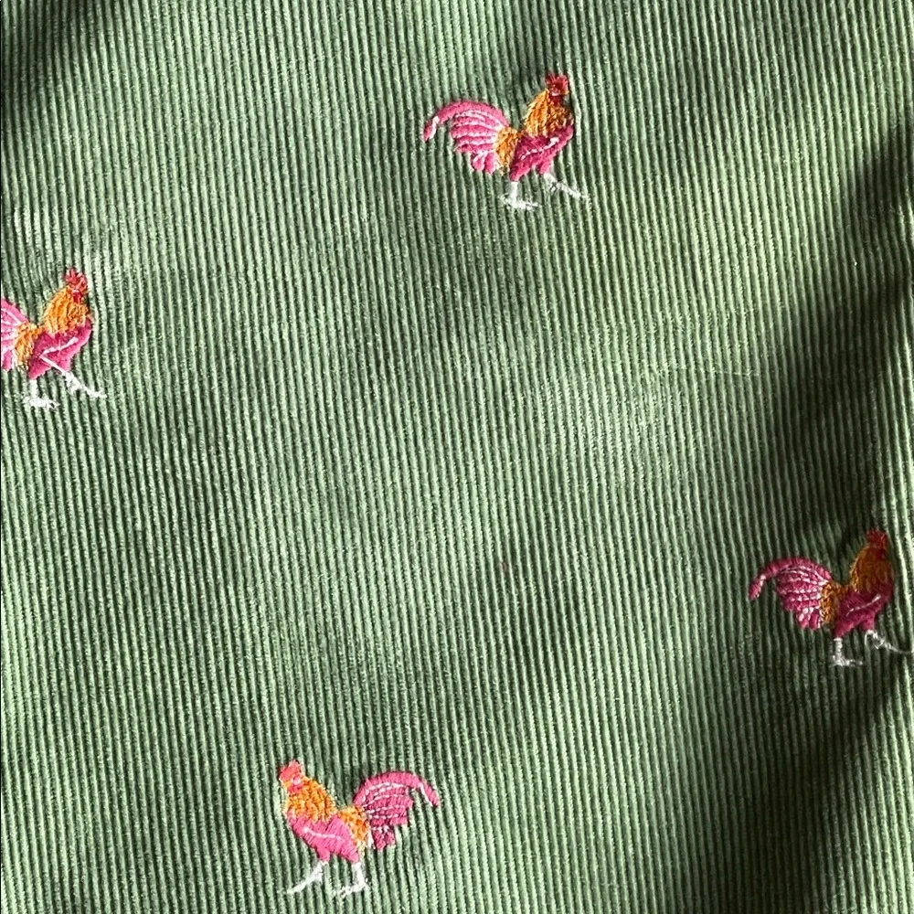 J. Crew Green Corduroy Boot-Cut Pants with Pink & Orange Embroidered Chickens - Picture 6 of 7